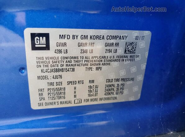 KL4CJASB8HB154738 2017 BUICK ENCORE Синий Вид наклейки с VIN-кодом