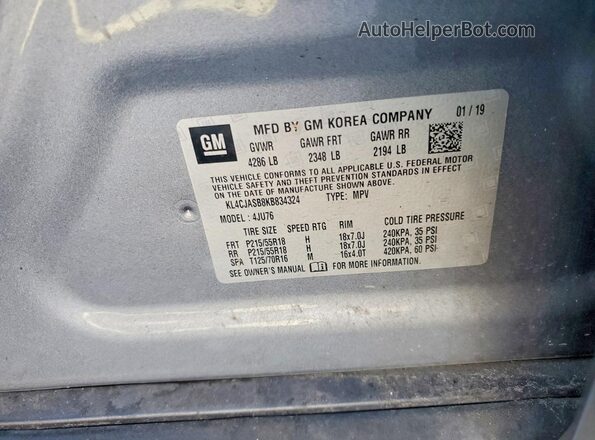 KL4CJASB8KB834324 2019 BUICK ENCORE Gray Vista de la etiqueta del VIN