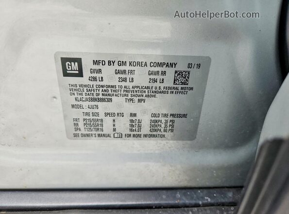 KL4CJASB8KB886309 2019 BUICK ENCORE Серебряный Вид наклейки с VIN-кодом