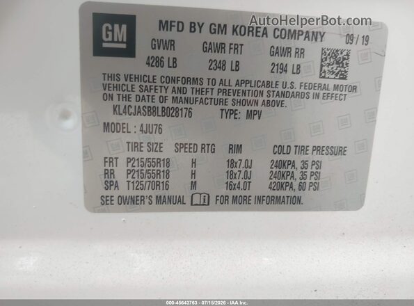 KL4CJASB8LB028176 2020 BUICK ENCORE White Engine compartment view