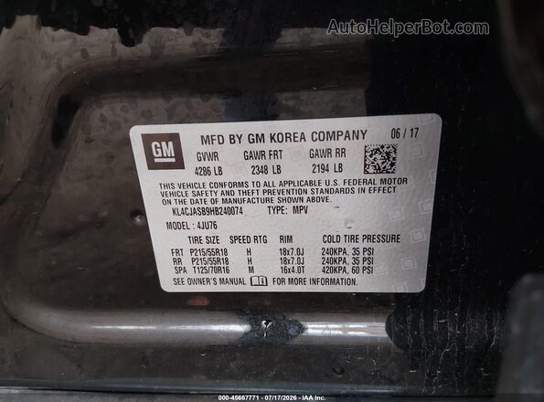 KL4CJASB9HB240074 2017 BUICK ENCORE Black ძრავის განყოფილების ხედი