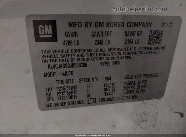 KL4CJASB9JB508286 2018 BUICK ENCORE White Widok komory silnika