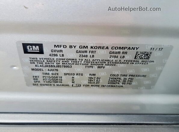 KL4CJASB9JB578953 2018 BUICK ENCORE Серебряный Вид наклейки с VIN-кодом