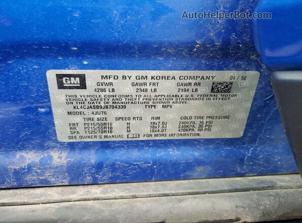 KL4CJASB9JB704339 2018 BUICK ENCORE Синий Вид наклейки с VIN-кодом