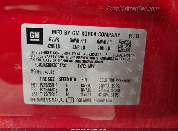 KL4CJASB9KB704732 2019 BUICK ENCORE Красный Вид подкапотного пространства