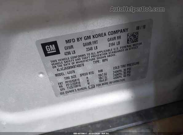 KL4CJASB9KB740078 2019 BUICK ENCORE Серебряный Вид подкапотного пространства