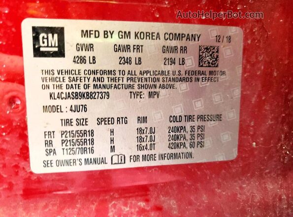 KL4CJASB9KB827379 2019 BUICK ENCORE Red VIN კოდის სტიკერის ხედი
