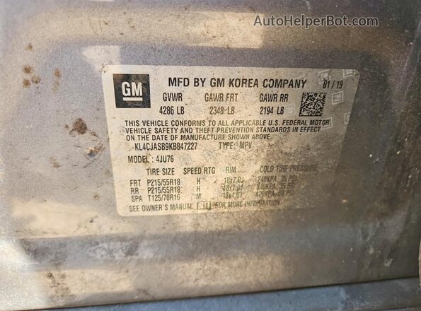 KL4CJASB9KB847227 2019 BUICK ENCORE Gray VIN կոդի պիտակի տեսք
