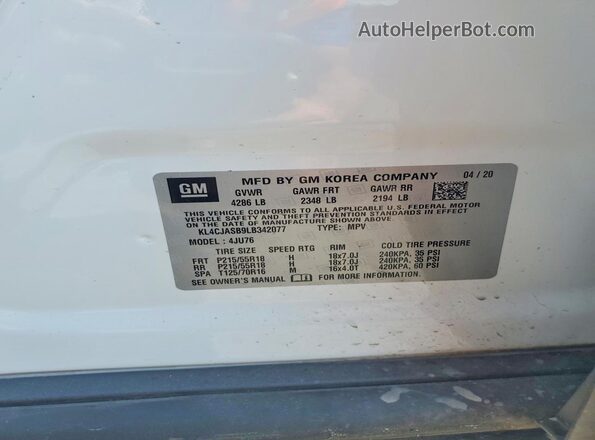 KL4CJASB9LB342077 2020 BUICK ENCORE White Вид наклейки з VIN-кодом