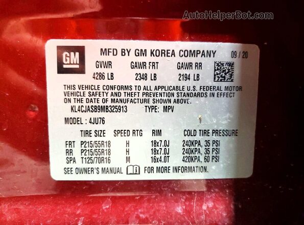KL4CJASB9MB325913 2021 BUICK ENCORE Burgundy VIN კოდის სტიკერის ხედი