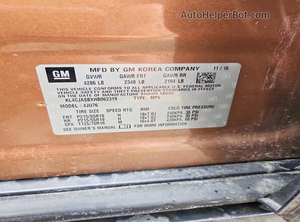 KL4CJASBXHB062319 2017 BUICK ENCORE Brown Vista de la etiqueta del VIN