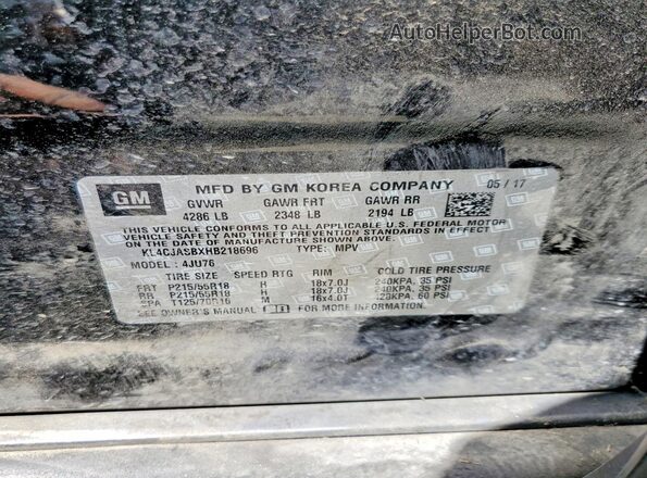 KL4CJASBXHB218696 2017 BUICK ENCORE Black VIN კოდის სტიკერის ხედი