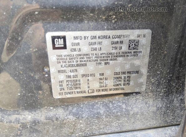 KL4CJASBXJB689608 2018 BUICK ENCORE Gray VIN sticker view