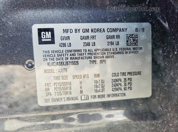 KL4CJASBXJB715026 2018 BUICK ENCORE Gray VIN կոդի պիտակի տեսք