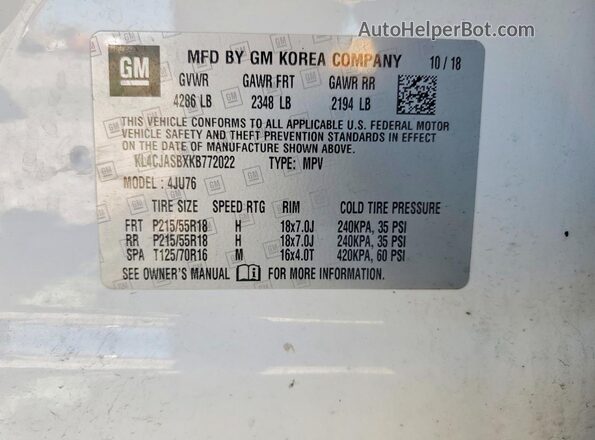 KL4CJASBXKB772022 2019 BUICK ENCORE Белый Вид наклейки с VIN-кодом