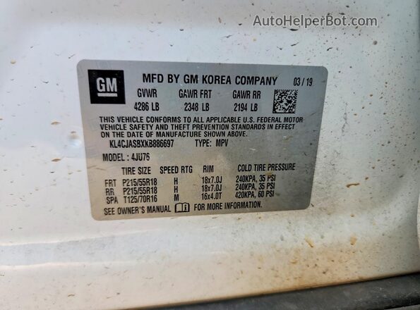 KL4CJASBXKB886697 2019 BUICK ENCORE White Widok naklejki z numerem VIN