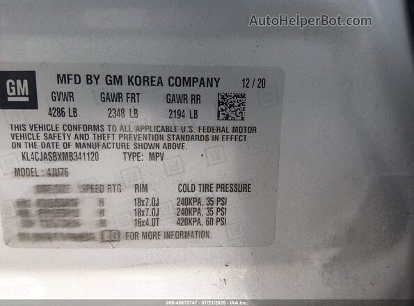 KL4CJASBXMB341120 2021 BUICK ENCORE Silver ძრავის განყოფილების ხედი