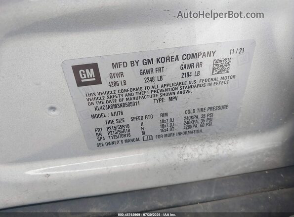 KL4CJASM3NB505911 2022 BUICK ENCORE Silver ძრავის განყოფილების ხედი