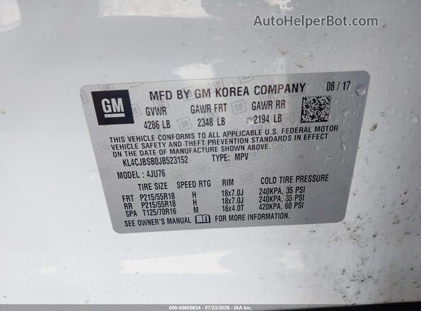 KL4CJBSB0JB523152 2018 BUICK ENCORE White Widok komory silnika