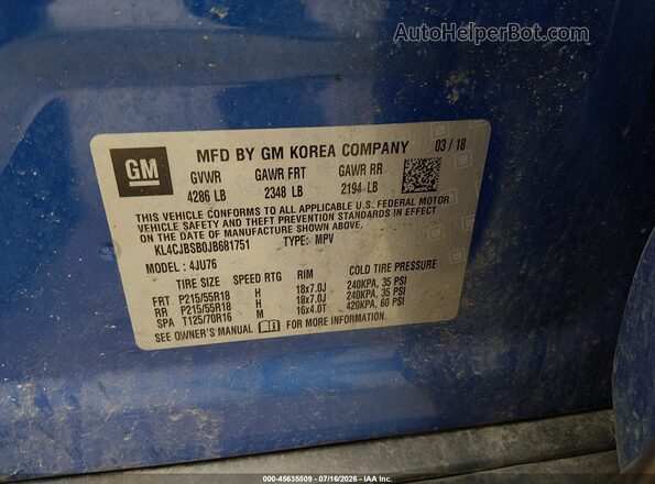 KL4CJBSB0JB681751 2018 BUICK ENCORE Blue Հետևի նստատեղերի տեսք