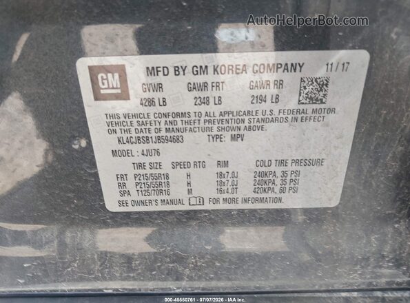 KL4CJBSB1JB594683 2018 BUICK ENCORE Black Vista del compartimento del motor