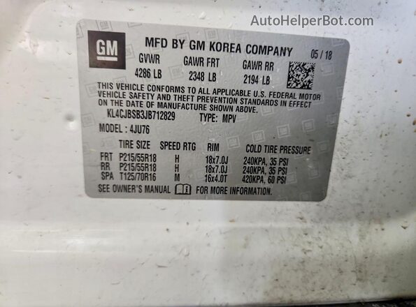 KL4CJBSB3JB712829 2018 BUICK ENCORE White VIN կոդի պիտակի տեսք