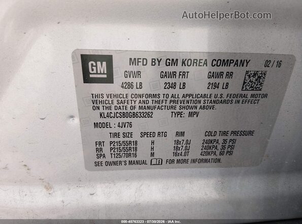 KL4CJCSB0GB633262 2016 BUICK ENCORE Серебряный Вид подкапотного пространства