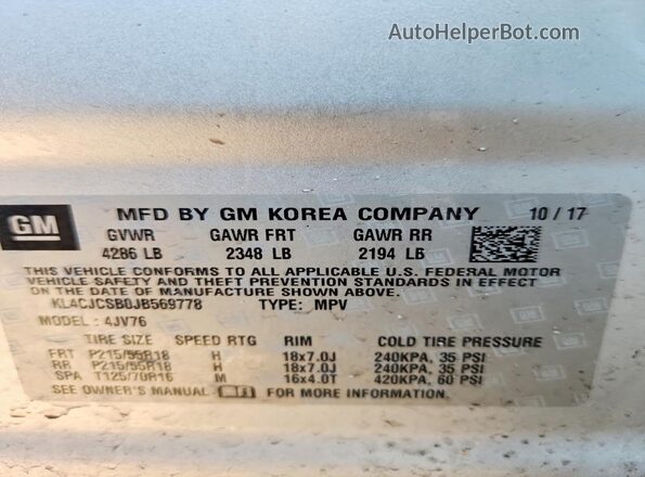 KL4CJCSB0JB569778 2018 BUICK ENCORE Silver Вид підкапотного простору