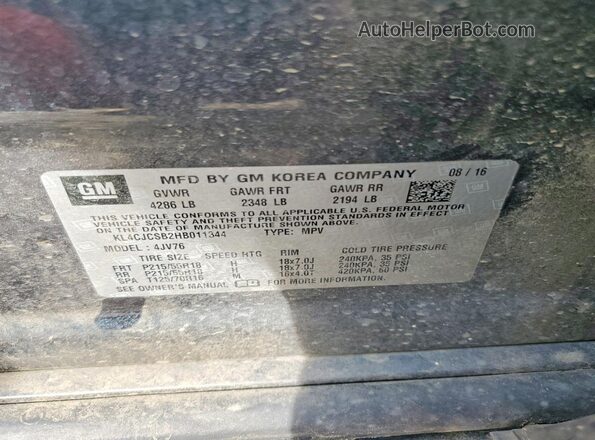 KL4CJCSB2HB011344 2017 BUICK ENCORE Gray Widok naklejki z numerem VIN