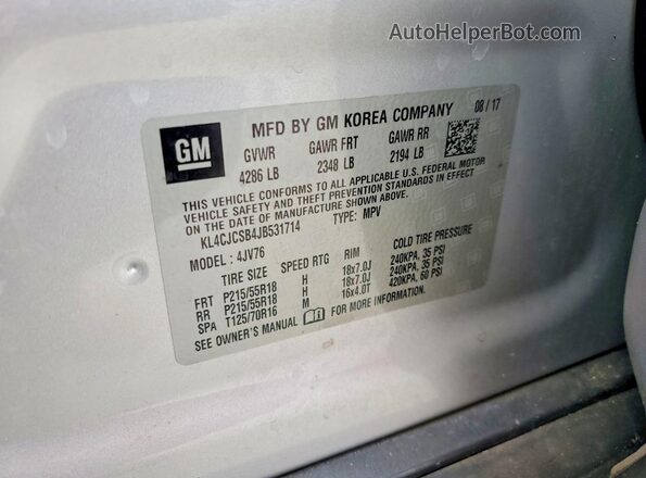 KL4CJCSB4JB531714 2018 BUICK ENCORE Silver VIN sticker view