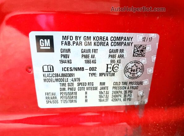 KL4CJCSB4JB603091 2018 BUICK ENCORE Red Vista interior de 360 grados
