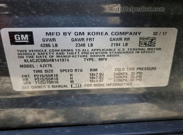 KL4CJCSB5HB141974 2017 BUICK ENCORE Gray Widok wnętrza 360 stopni