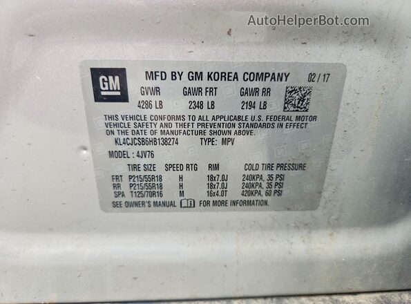 KL4CJCSB6HB138274 2017 BUICK ENCORE Серебряный Вид наклейки с VIN-кодом