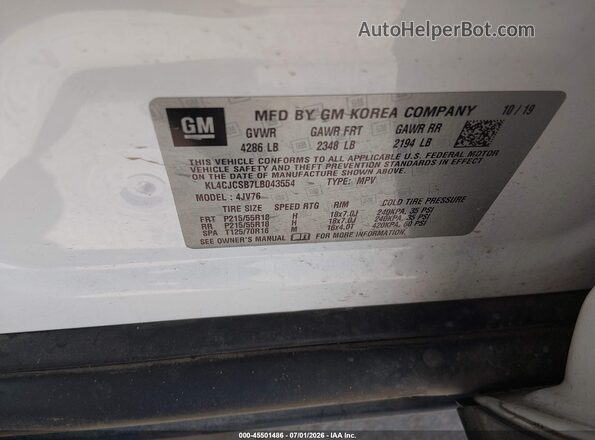 KL4CJCSB7LB043554 2020 BUICK ENCORE White Вид підкапотного простору