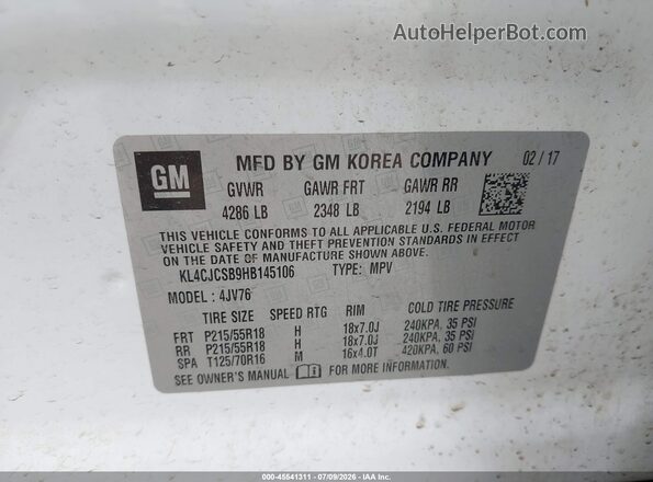 KL4CJCSB9HB145106 2017 BUICK ENCORE White Engine compartment view