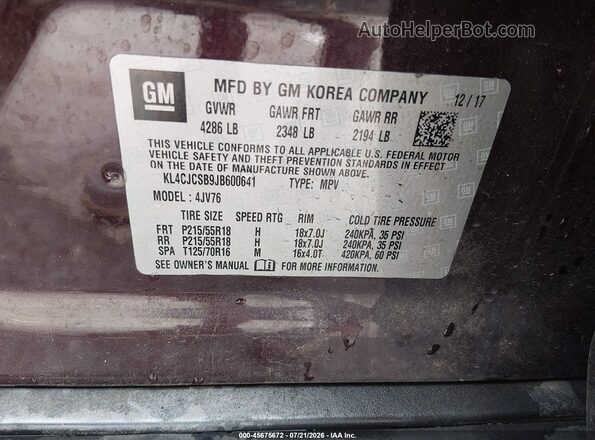 KL4CJCSB9JB600641 2018 BUICK ENCORE Purple Engine compartment view