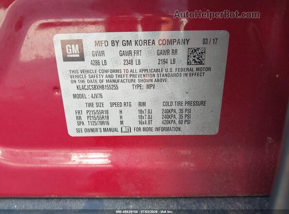 KL4CJCSBXHB155255 2017 BUICK ENCORE Red ძრავის განყოფილების ხედი