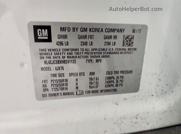 KL4CJCSBXHB241133 2017 BUICK ENCORE White VIN sticker view