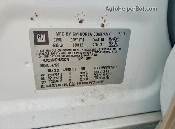 KL4CJCSM0KB831379 2019 BUICK ENCORE White VIN კოდის სტიკერის ხედი
