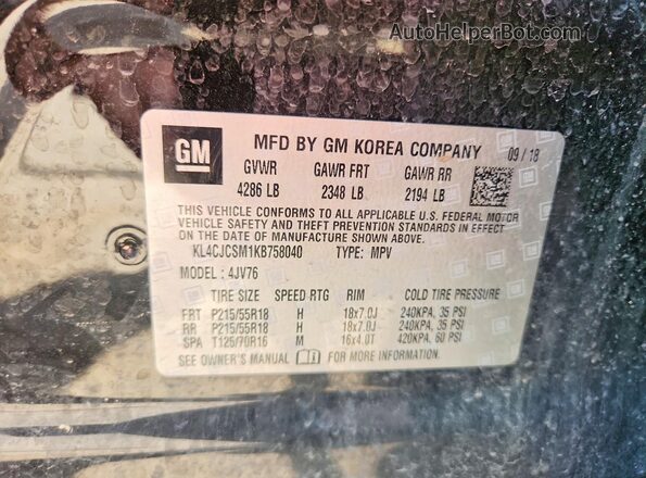 KL4CJCSM1KB758040 2019 BUICK ENCORE Black VIN sticker view