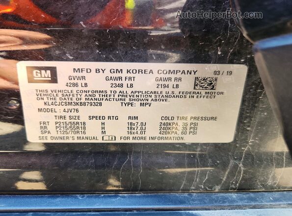 KL4CJCSM3KB879328 2019 BUICK ENCORE Black VIN კოდის სტიკერის ხედი