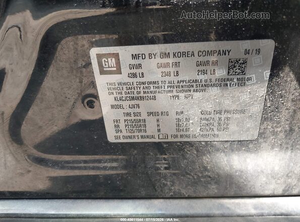 KL4CJCSM4KB912448 2019 BUICK ENCORE Черный Вид подкапотного пространства