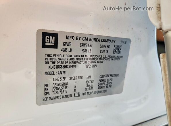 KL4CJDSB8HB062076 2017 BUICK ENCORE White Вид наклейки з VIN-кодом