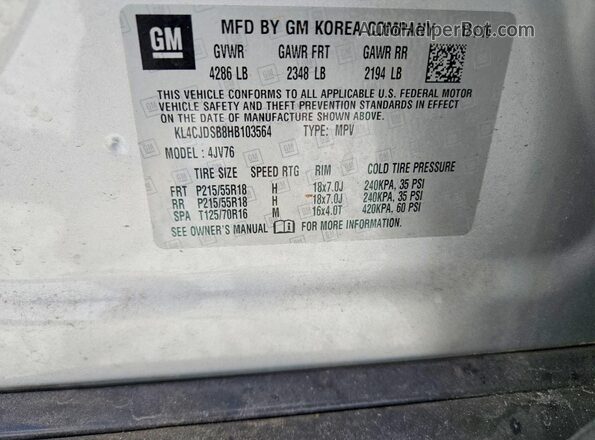 KL4CJDSB8HB103564 2017 BUICK ENCORE Silver Vista de la etiqueta del VIN