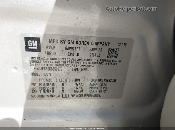 KL4CJESB0KB859970 2019 BUICK ENCORE Серебряный Вид подкапотного пространства