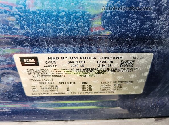 KL4CJESB0LB030401 2020 BUICK ENCORE Blue Vista del compartimento del motor