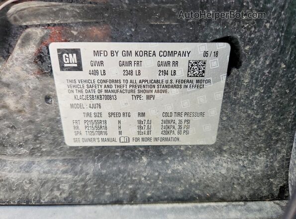 KL4CJESB1KB700813 2019 BUICK ENCORE Черный Вид наклейки с VIN-кодом