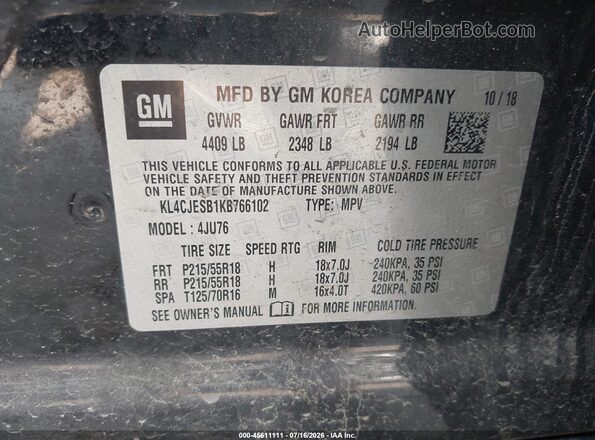 KL4CJESB1KB766102 2019 BUICK ENCORE Black Вид підкапотного простору