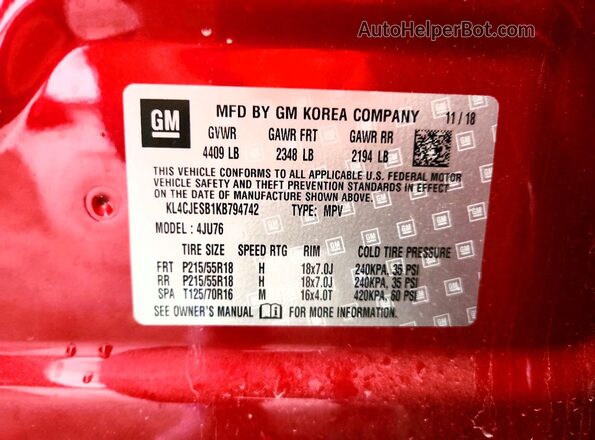 KL4CJESB1KB794742 2019 BUICK ENCORE Maroon Vista del compartimento del motor