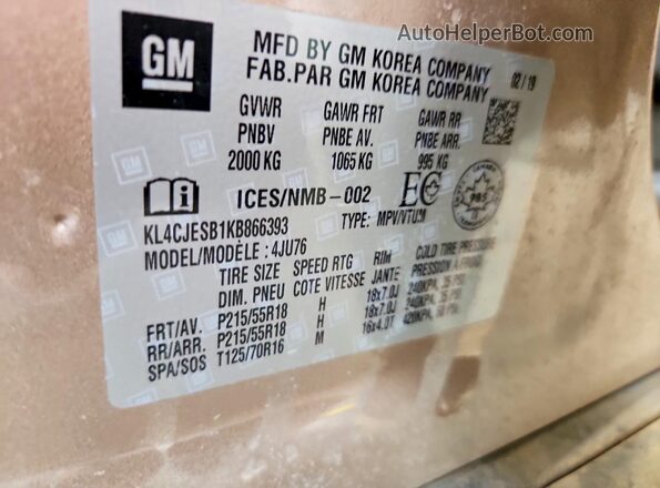 KL4CJESB1KB866393 2019 BUICK ENCORE Tan VIN կոդի պիտակի տեսք